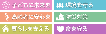 子どもに未来を、高齢者に安心を、暮らしを支える、環境を守る、防災対策、命を守る